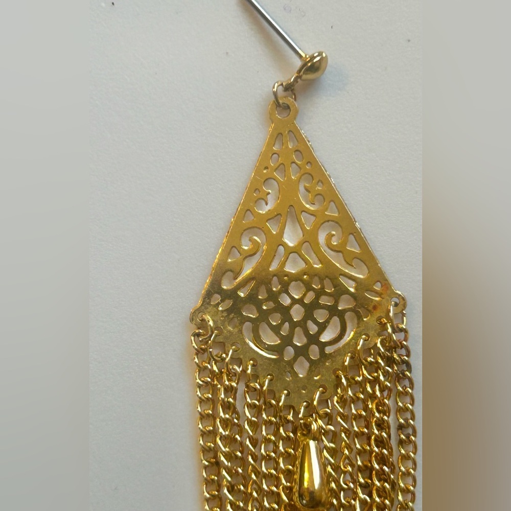 Vintage Gold Filigree Fringe Chandelier Earrings Boho Statement Gold Earrings - Picture 4 of 5